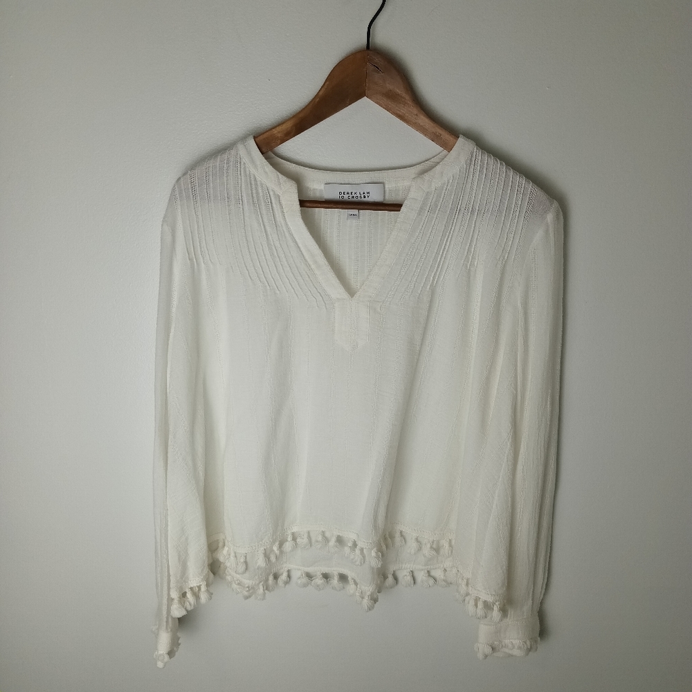 Derek Lam 10 Crosby White Long Sleeve V-Neck Cotton Tassel Top Size 2